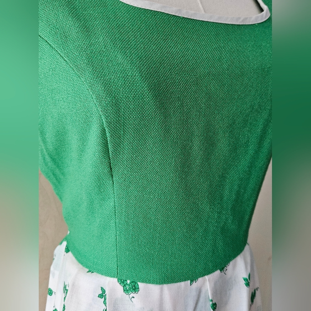 Vintage Leslie Faye Bohemian Twill Greem Bodice Floral Maxi Dress Tie Back - Picture 3 of 6